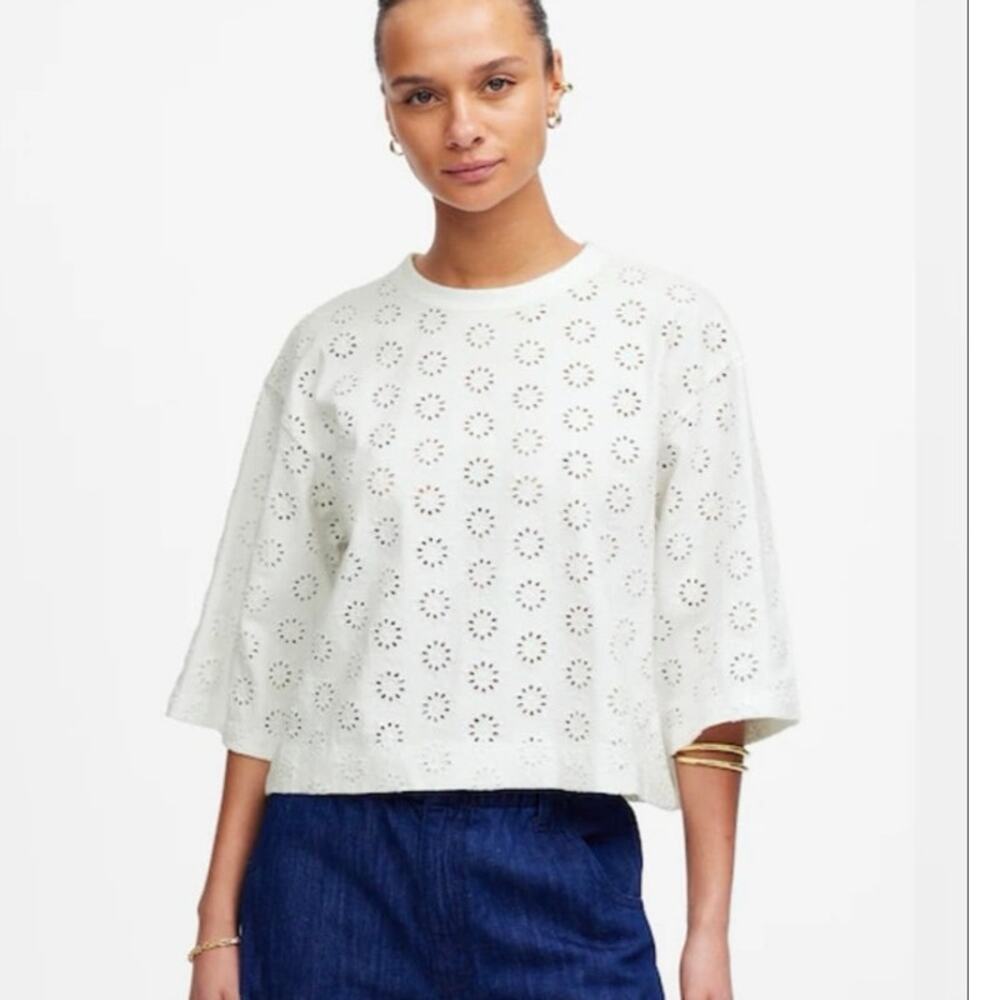 Madewell Embroidered Wide-Sleeve Boxy Tee in White NWT!